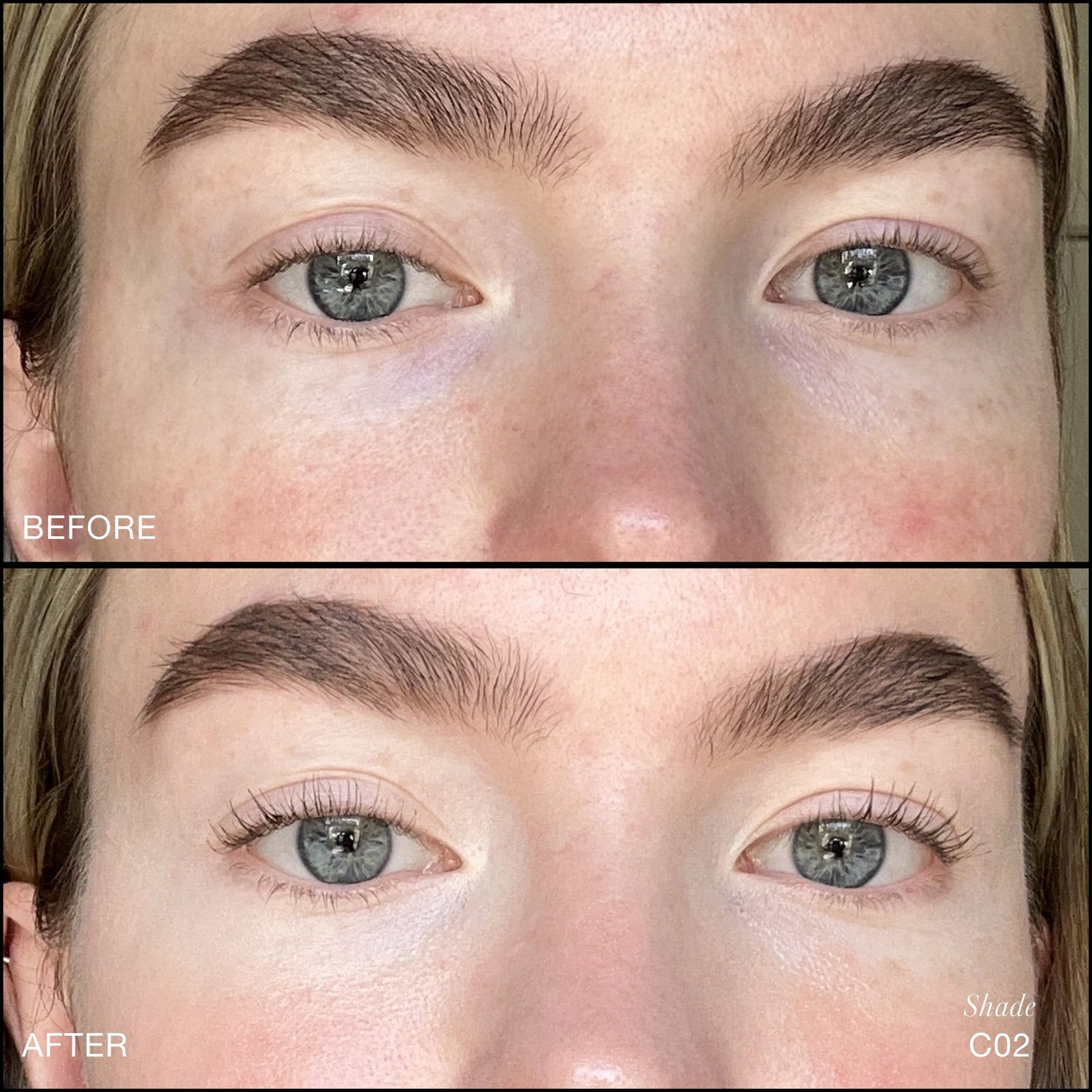 Comparaison Avant/Après d'application du Revitalize Hydra Concealer RMS Beauty, Nuance C02. Réduction des cernes et des rougeurs pour un regard visiblement plus lisse et lumineux.