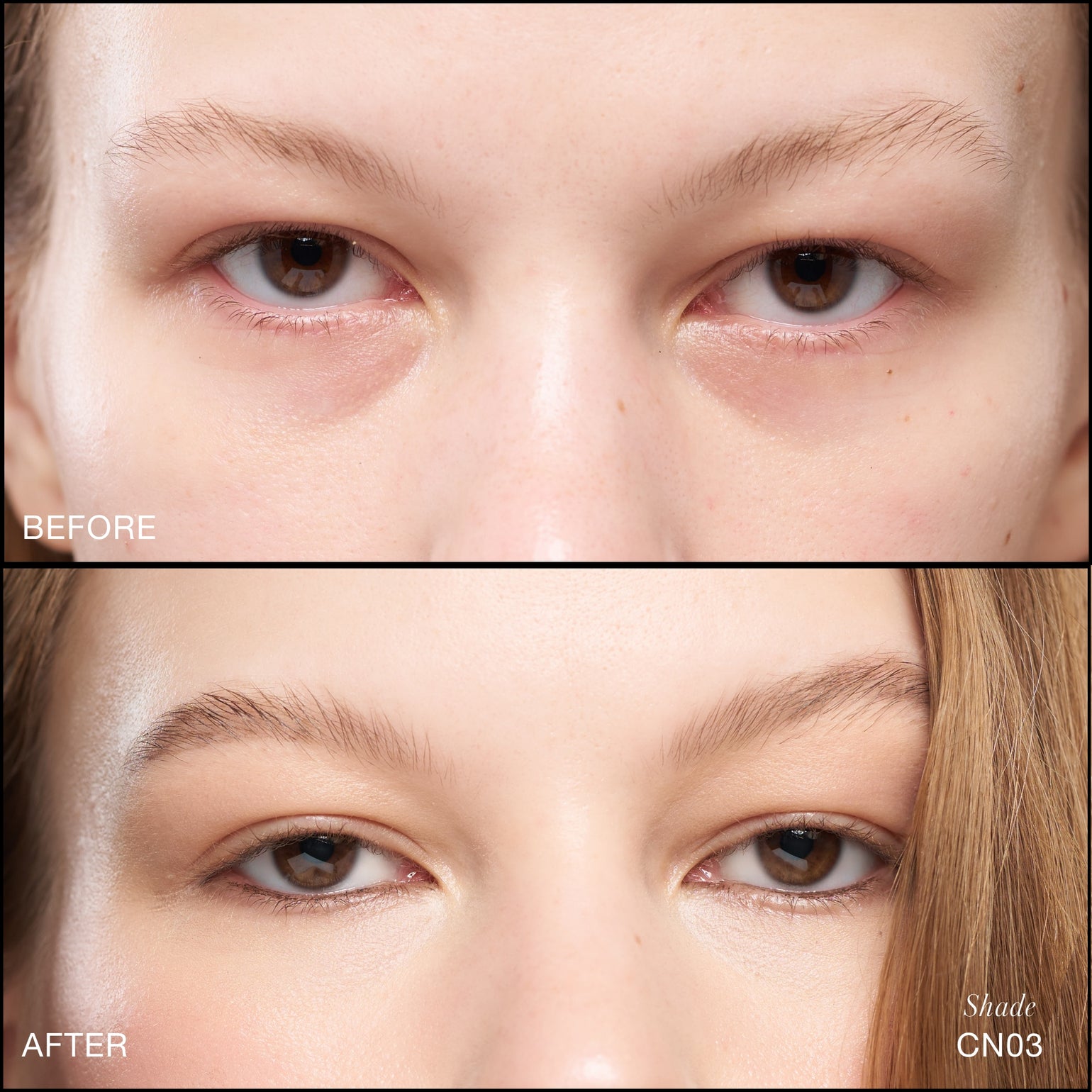 Comparaison Avant/Après d'application du Revitalize Hydra Concealer RMS Beauty, Nuance CN03. Réduction des cernes et des rougeurs pour un regard visiblement plus lisse et lumineux.