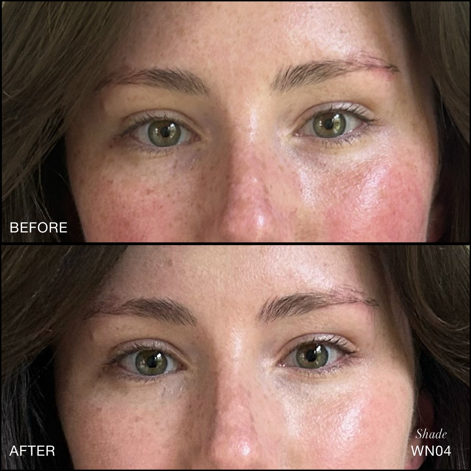 Comparaison Avant/Après d'application du Revitalize Hydra Concealer RMS Beauty, Nuance WN04. Réduction des cernes et des rougeurs pour un regard visiblement plus lisse et lumineux.