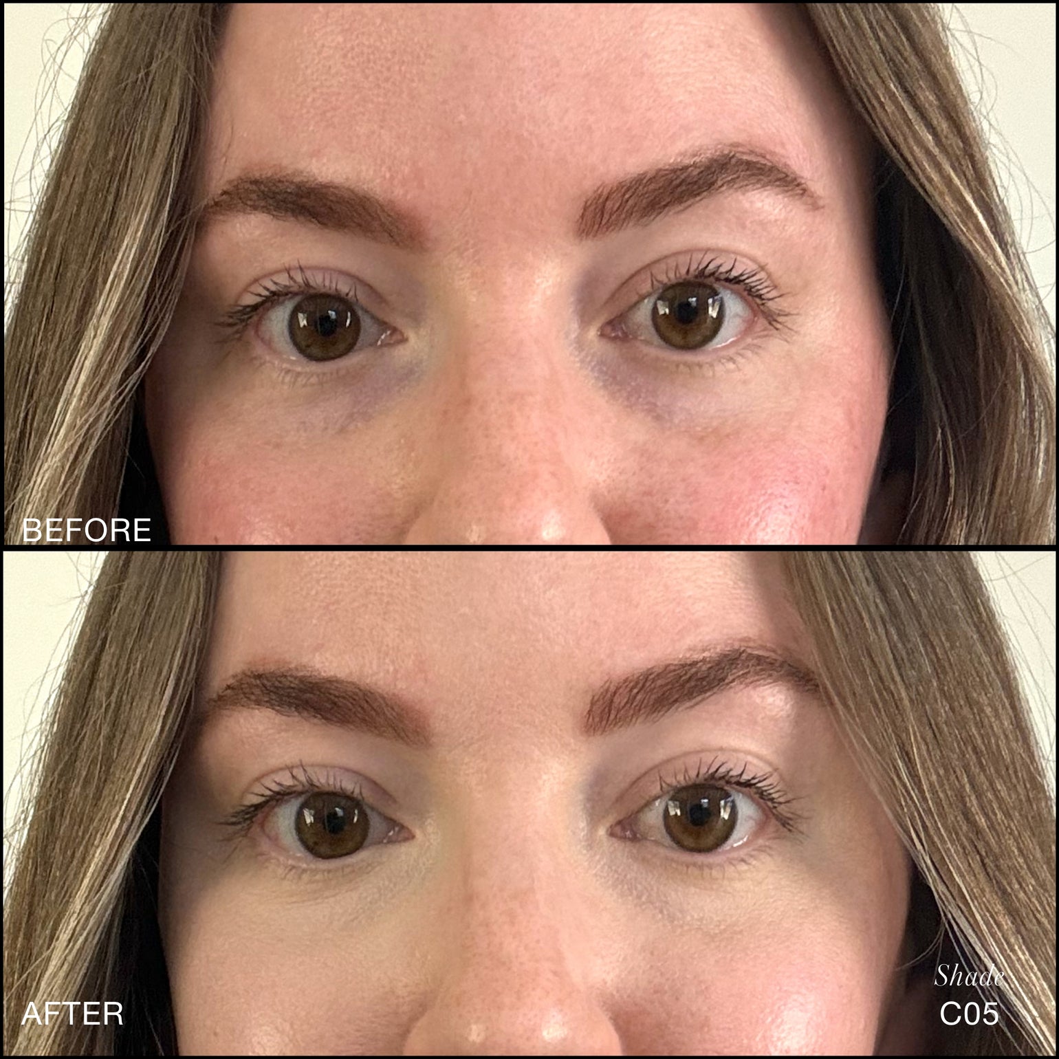 Comparaison Avant/Après d'application du Revitalize Hydra Concealer RMS Beauty, Nuance C05. Réduction des cernes et des rougeurs pour un regard visiblement plus lisse et lumineux.