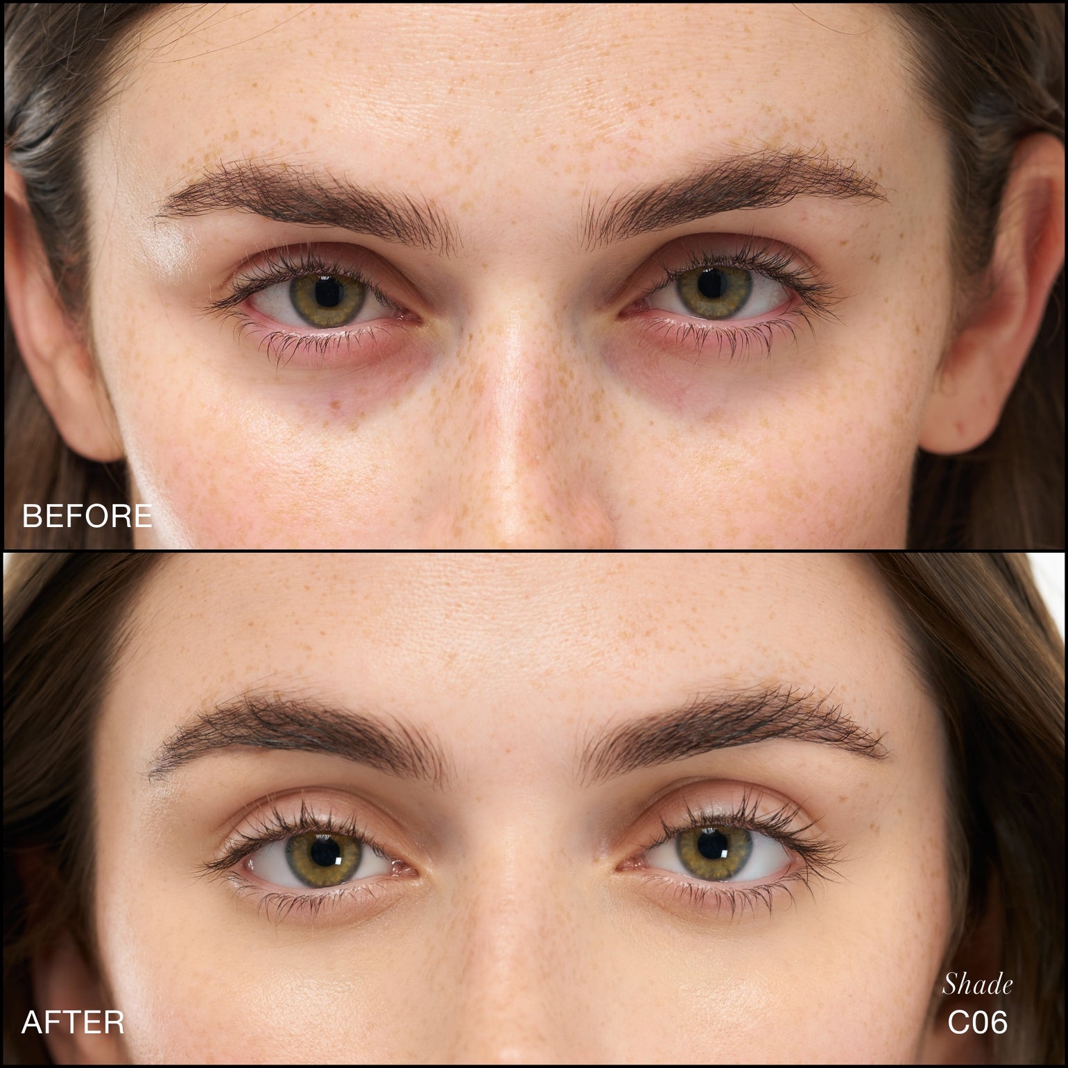 Comparaison Avant/Après d'application du Revitalize Hydra Concealer RMS Beauty, Nuance C06. Réduction des cernes et des rougeurs pour un regard visiblement plus lisse et lumineux.