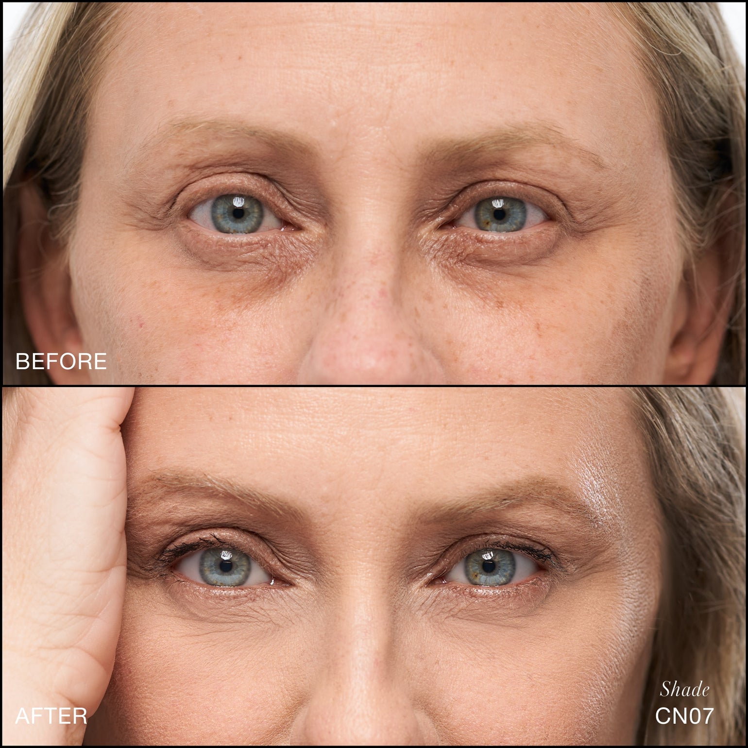 Comparaison Avant/Après d'application du Revitalize Hydra Concealer RMS Beauty, Nuance CN07. Réduction des cernes et des rougeurs pour un regard visiblement plus lisse et lumineux.