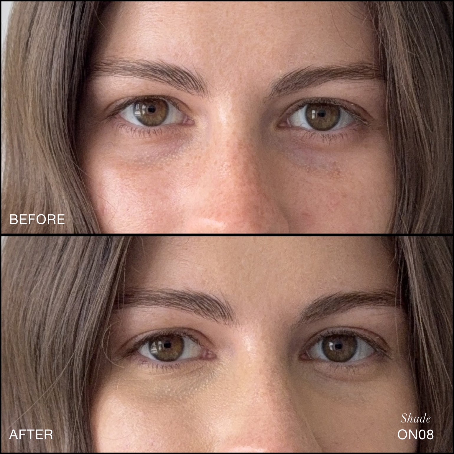 Comparaison Avant/Après d'application du Revitalize Hydra Concealer RMS Beauty, Nuance ON08. Réduction des cernes et des rougeurs pour un regard visiblement plus lisse et lumineux.