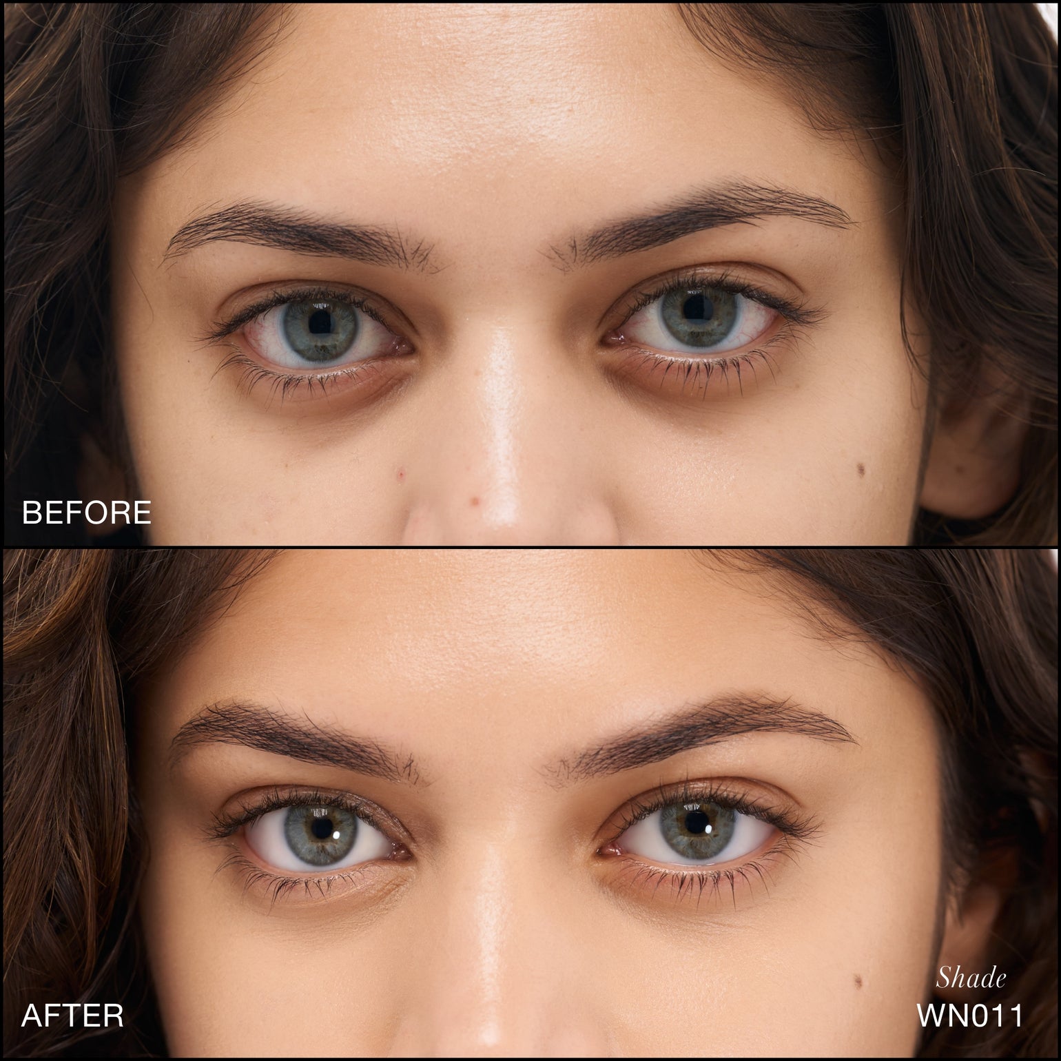 Comparaison Avant/Après d'application du Revitalize Hydra Concealer RMS Beauty, Nuance WN011. Réduction des cernes et des rougeurs pour un regard visiblement plus lisse et lumineux.