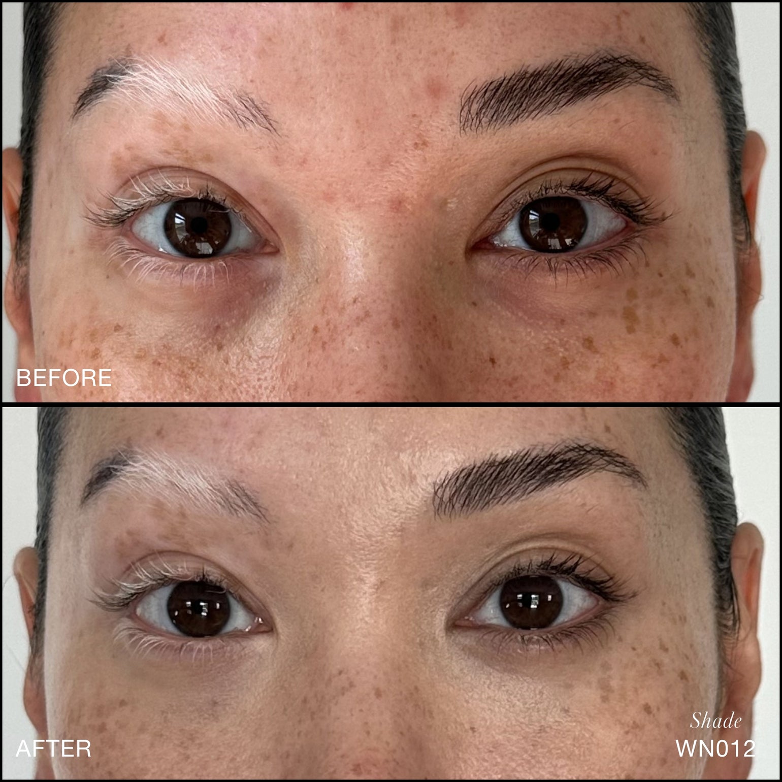 Comparaison Avant/Après d'application du Revitalize Hydra Concealer RMS Beauty, Nuance WN012. Réduction des cernes et des rougeurs pour un regard visiblement plus lisse et lumineux.