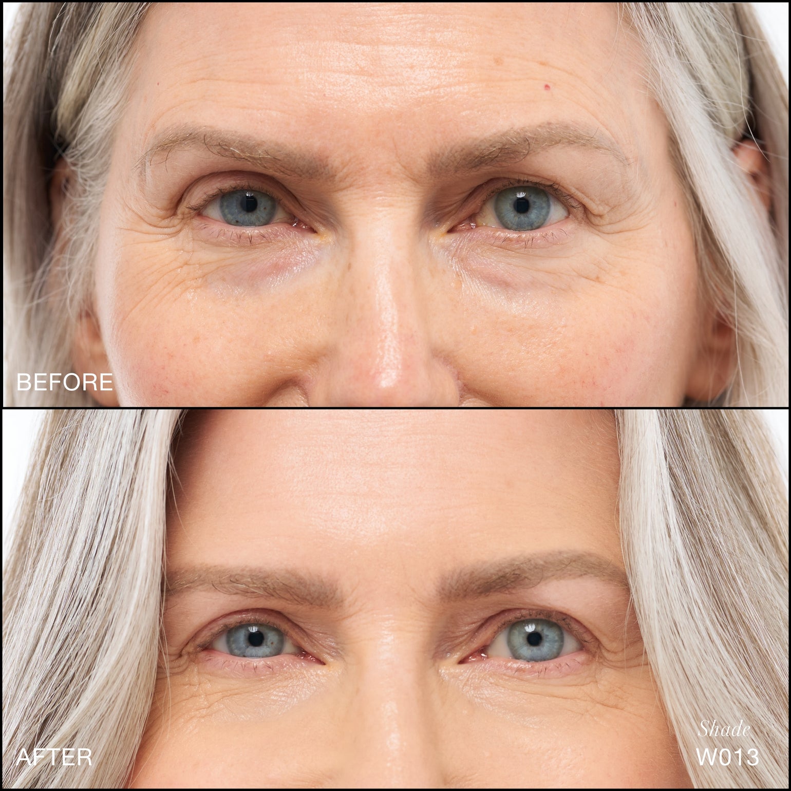 Comparaison Avant/Après d'application du Revitalize Hydra Concealer RMS Beauty, Nuance W013. Réduction des cernes et des rougeurs pour un regard visiblement plus lisse et lumineux.