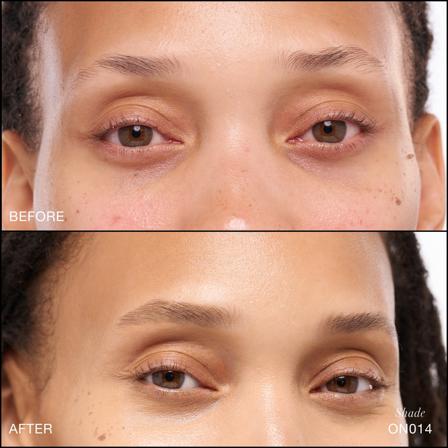 Comparaison Avant/Après d'application du Revitalize Hydra Concealer RMS Beauty, Nuance ON014. Réduction des cernes et des rougeurs pour un regard visiblement plus lisse et lumineux.