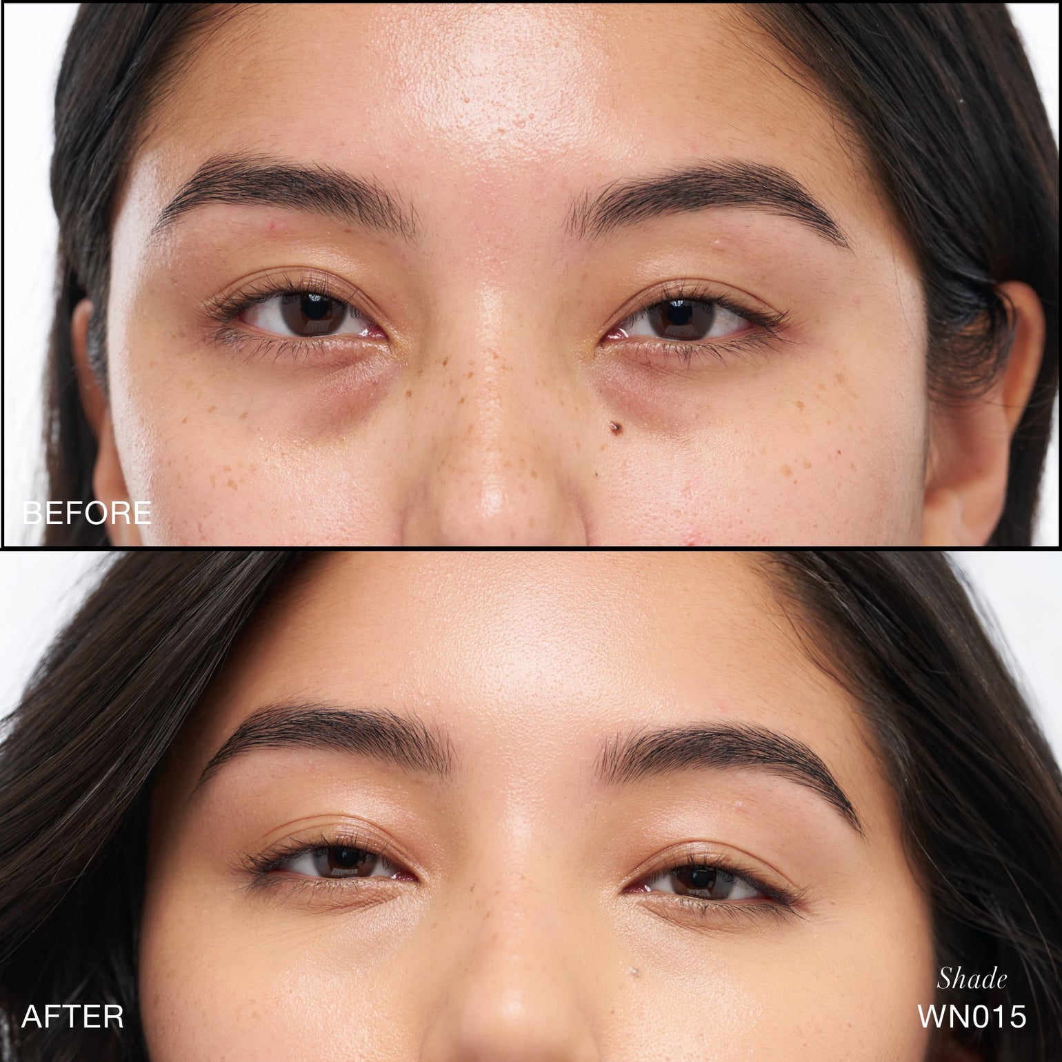 Comparaison Avant/Après d'application du Revitalize Hydra Concealer RMS Beauty, Nuance WN015. Réduction des cernes et des rougeurs pour un regard visiblement plus lisse et lumineux.