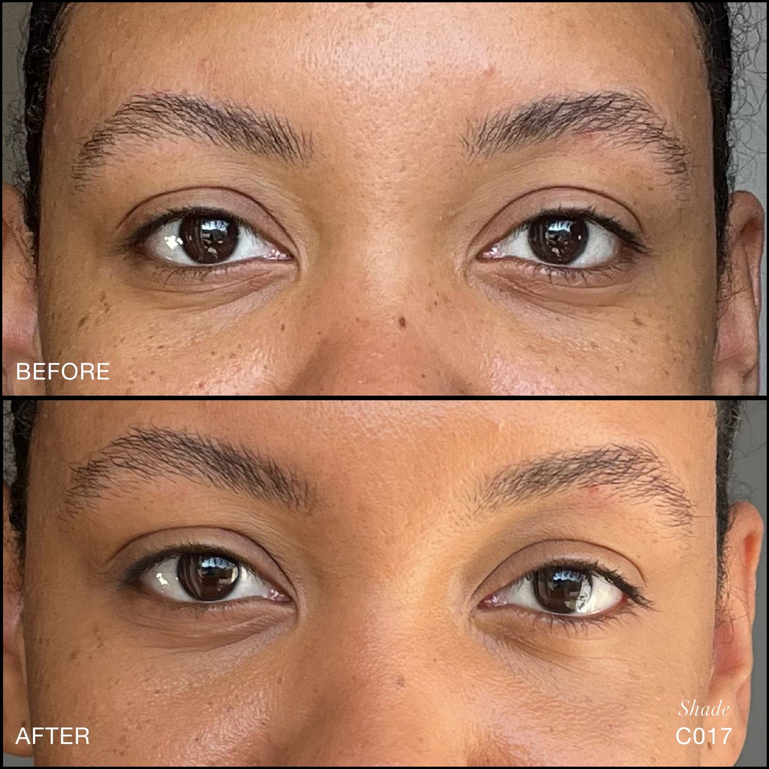 Comparaison Avant/Après d'application du Revitalize Hydra Concealer RMS Beauty, Nuance C017. Réduction des cernes et des rougeurs pour un regard visiblement plus lisse et lumineux.