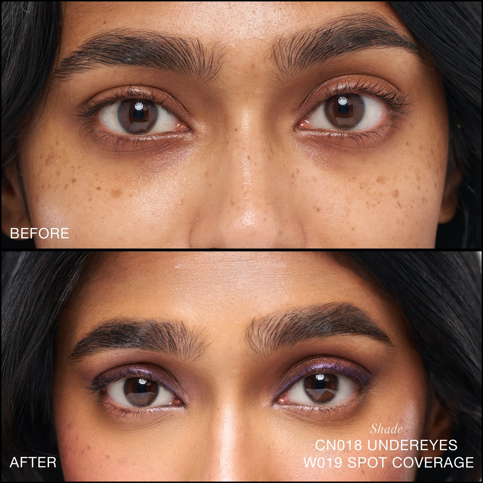 Comparaison Avant/Après d'application du Revitalize Hydra Concealer RMS Beauty, Nuance CN018. Réduction des cernes et des rougeurs pour un regard visiblement plus lisse et lumineux.