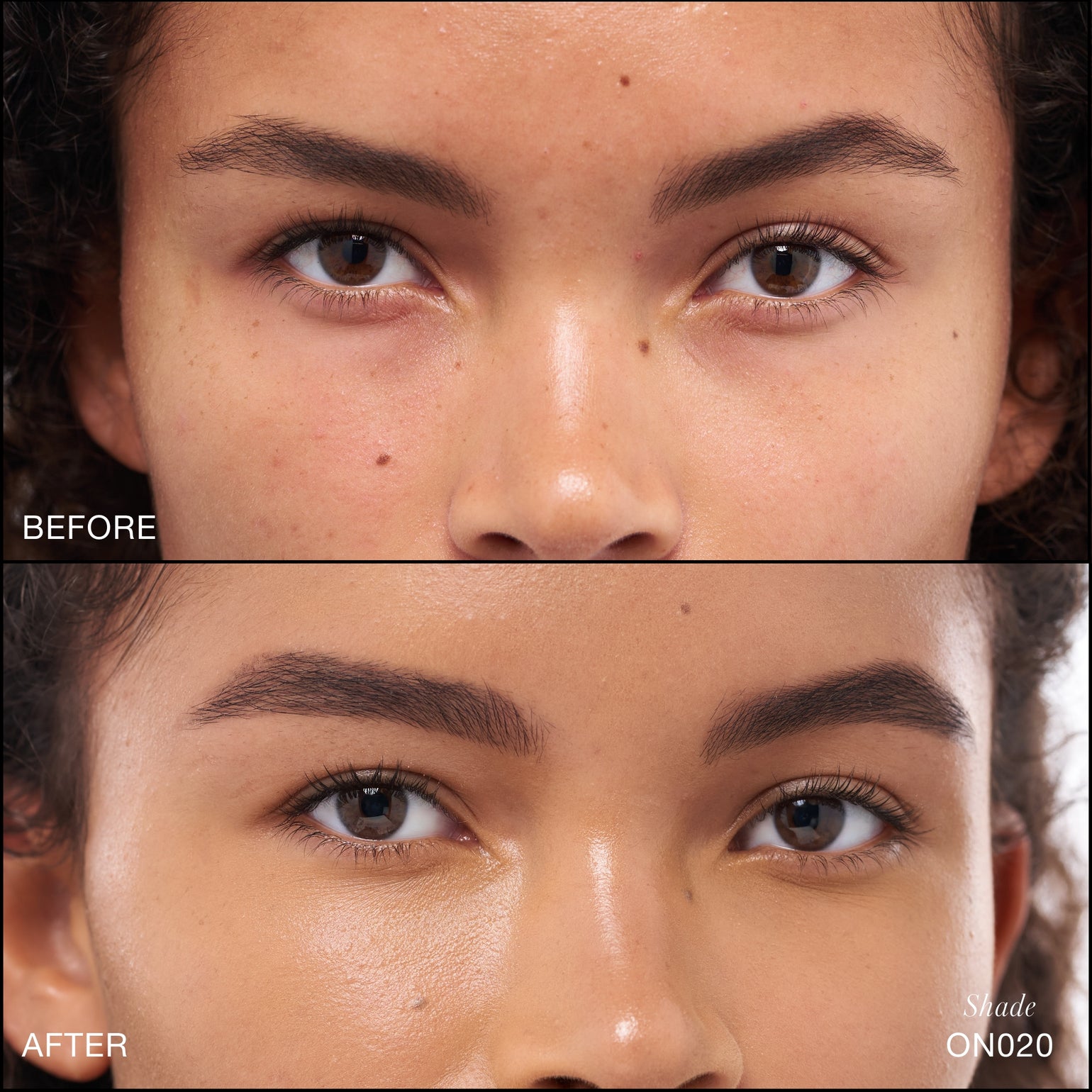 Comparaison Avant/Après d'application du Revitalize Hydra Concealer RMS Beauty, Nuance N020 . Réduction des cernes et des rougeurs pour un regard visiblement plus lisse et lumineux.