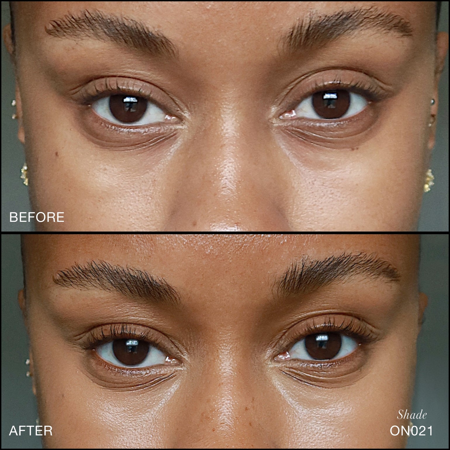 Comparaison Avant/Après d'application du Revitalize Hydra Concealer RMS Beauty, Nuance ON021. Réduction des cernes et des rougeurs pour un regard visiblement plus lisse et lumineux.