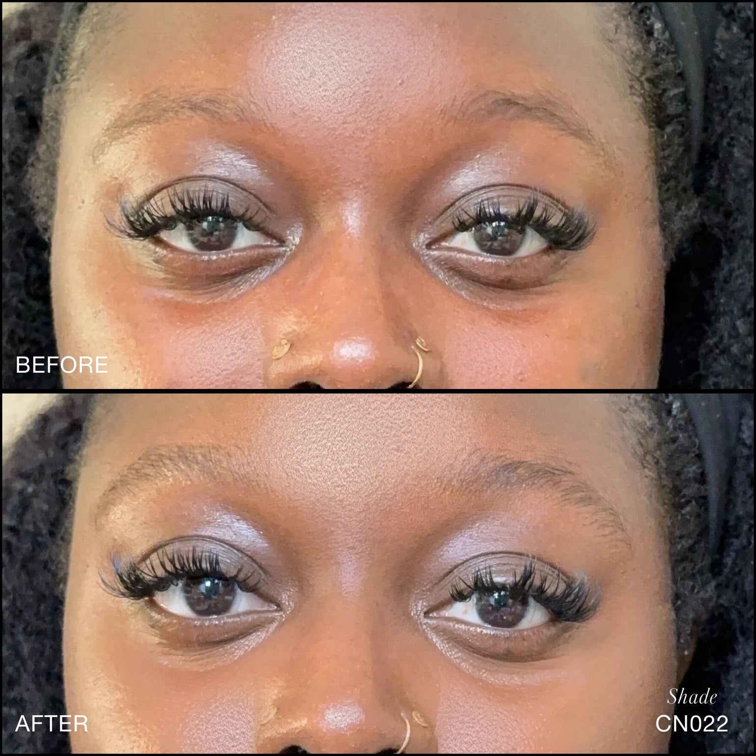 Comparaison Avant/Après d'application du Revitalize Hydra Concealer RMS Beauty, Nuance CN022. Réduction des cernes et des rougeurs pour un regard visiblement plus lisse et lumineux.