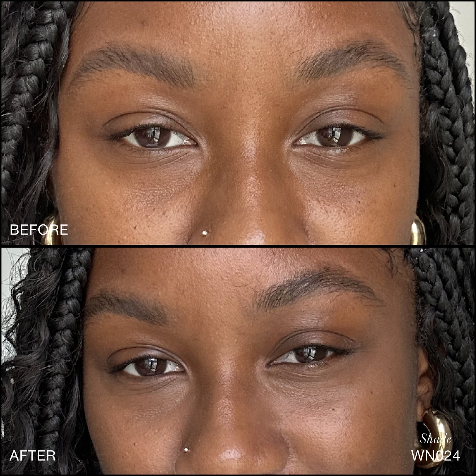 Comparaison Avant/Après d'application du Revitalize Hydra Concealer RMS Beauty, Nuance W024. Réduction des cernes et des rougeurs pour un regard visiblement plus lisse et lumineux.