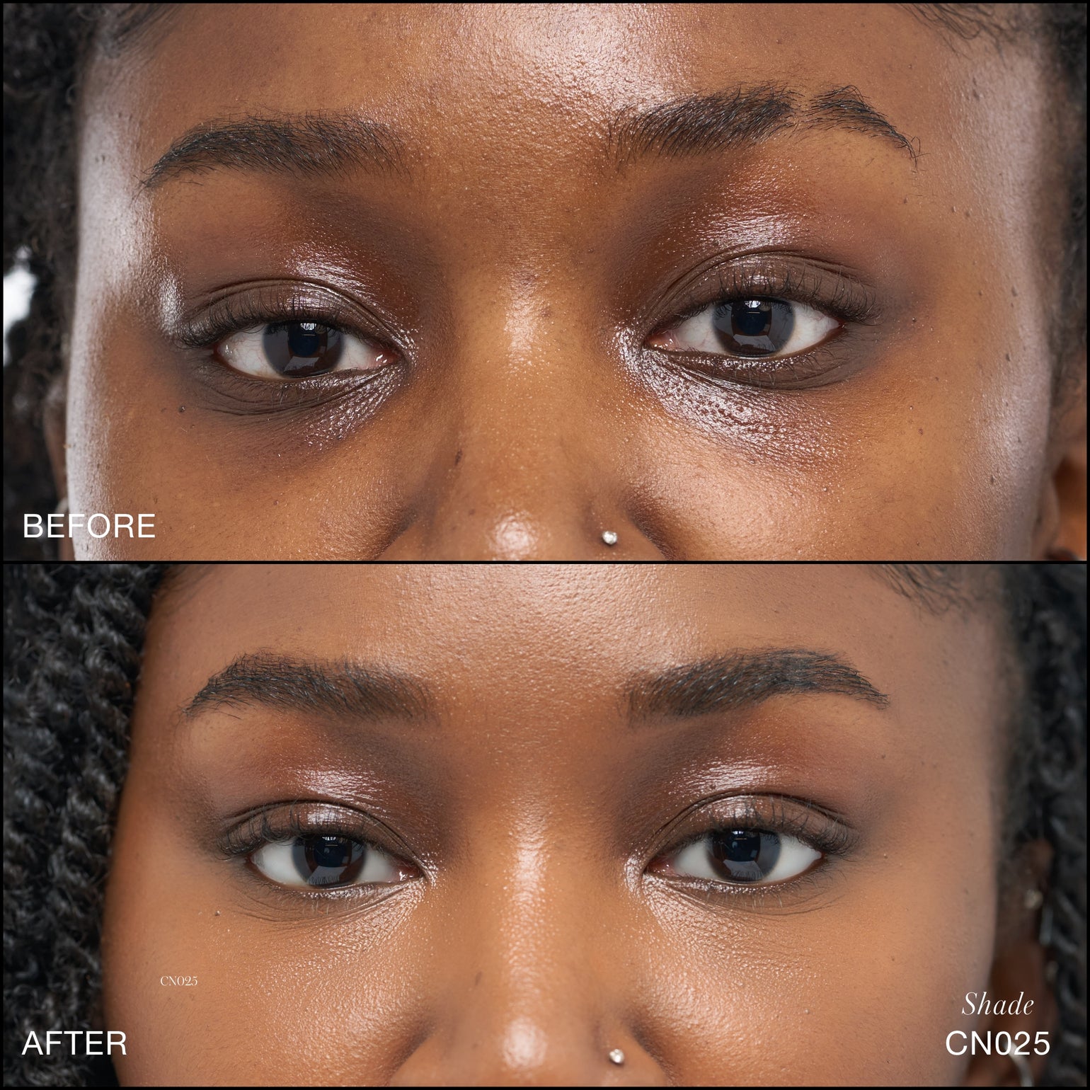 Comparaison Avant/Après d'application du Revitalize Hydra Concealer RMS Beauty, Nuance CN025. Réduction des cernes et des rougeurs pour un regard visiblement plus lisse et lumineux.