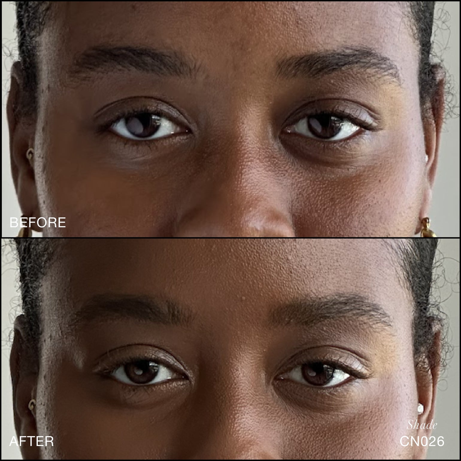 Comparaison Avant/Après d'application du Revitalize Hydra Concealer RMS Beauty, Nuance CN026. Réduction des cernes et des rougeurs pour un regard visiblement plus lisse et lumineux.