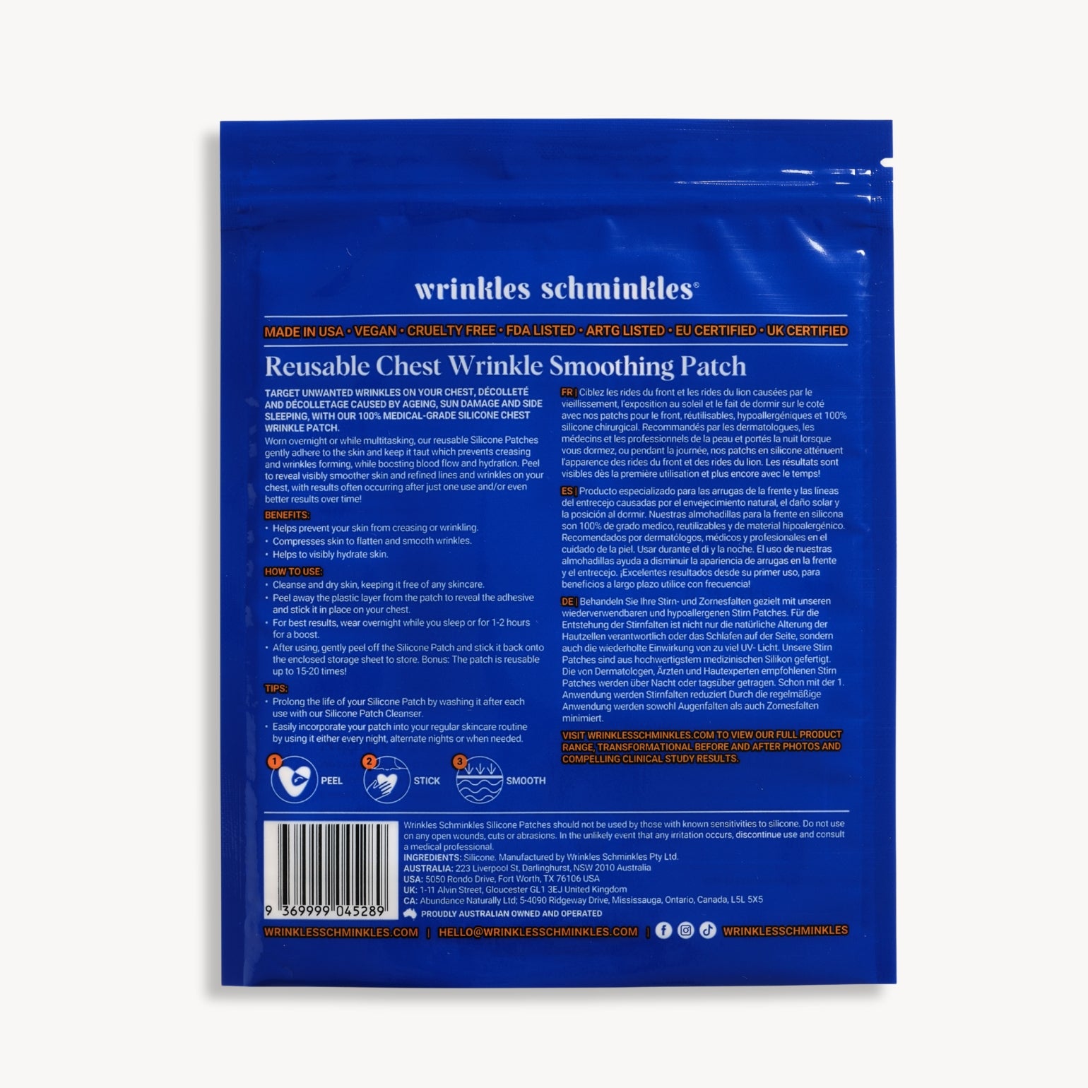 Sachet de dos du Patch Anti-Rides Décolleté de Wrinkles Schminkles. Conseils d'utilisation et bénéfices anti-âge.
