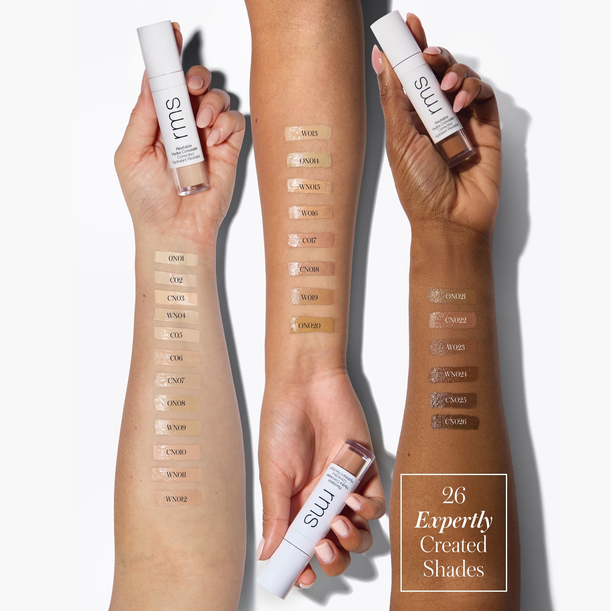 RMS Beauty Revitalize Hydra Concealer nuancier 26 teintes sur 3 bras. Anti-cernes hydratant pour peaux claires à foncées. Swatches.