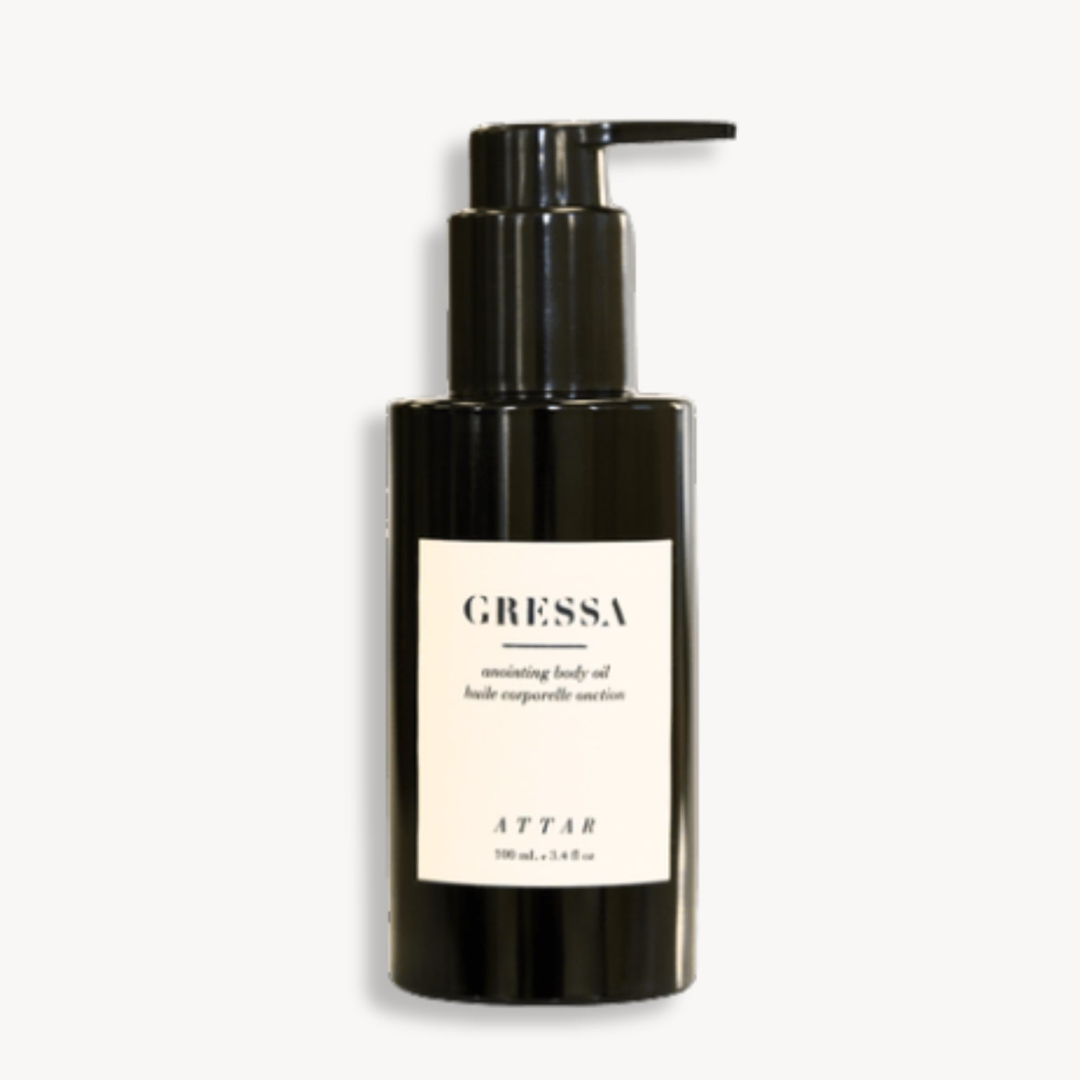 GRESSA SKIN Attar huile pour le corps 100ml. Soin hydratant luxueux. Flacon pompe noir packaging épuré