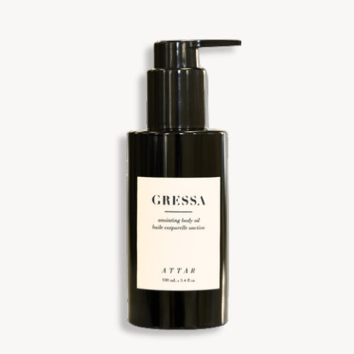 GRESSA SKIN Attar huile pour le corps 100ml. Soin hydratant luxueux. Flacon pompe noir packaging épuré