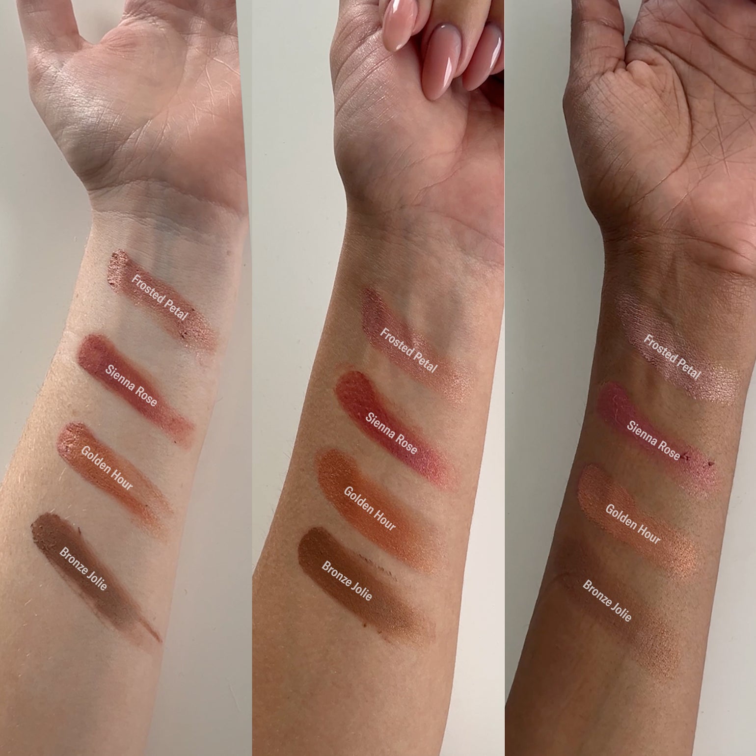 Swatch sur 3 bras de carnations différentes des 4 couleurs du Baume teinté SPF50 Odacité