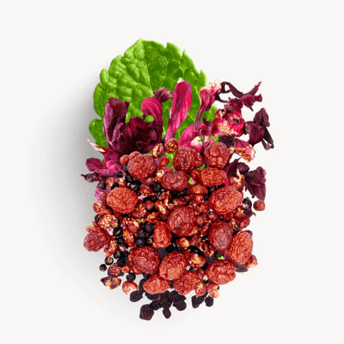 Ingrédients de la tisane Chay pour la beauté de la peau de GRESSA SKIN. Shisandra, camomille, mélisse, hibiscus, ashwagandha, rose, jasmin, menthe.