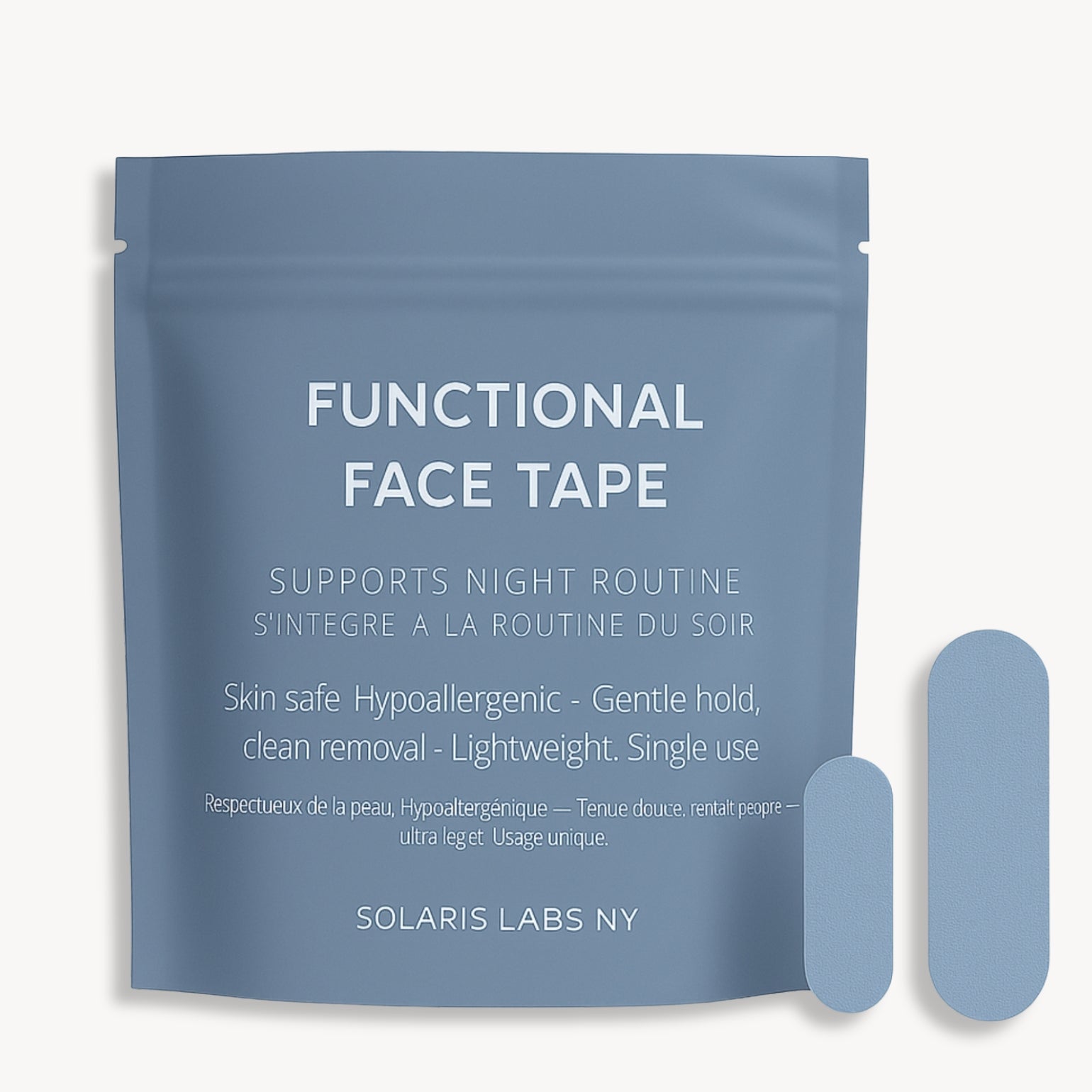 Face Tape Solaris Lab NY. Rubans adhésifs pour le visage, hypoallergéniques et légers, présentés dans leur sachet bleu