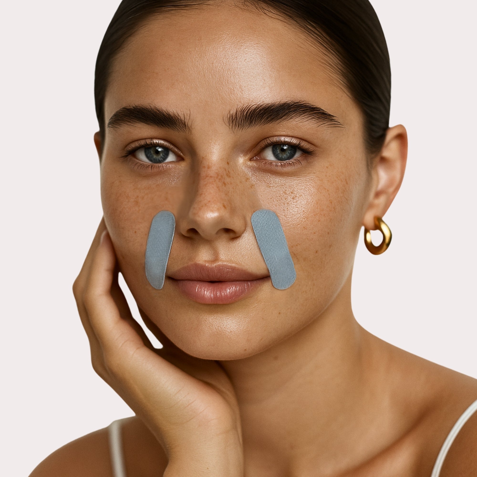 Modèle portant deux Face Tape Solaris Lab NY appliqués sur les sillons nasogéniens pour lisser la peau pendant la nuit