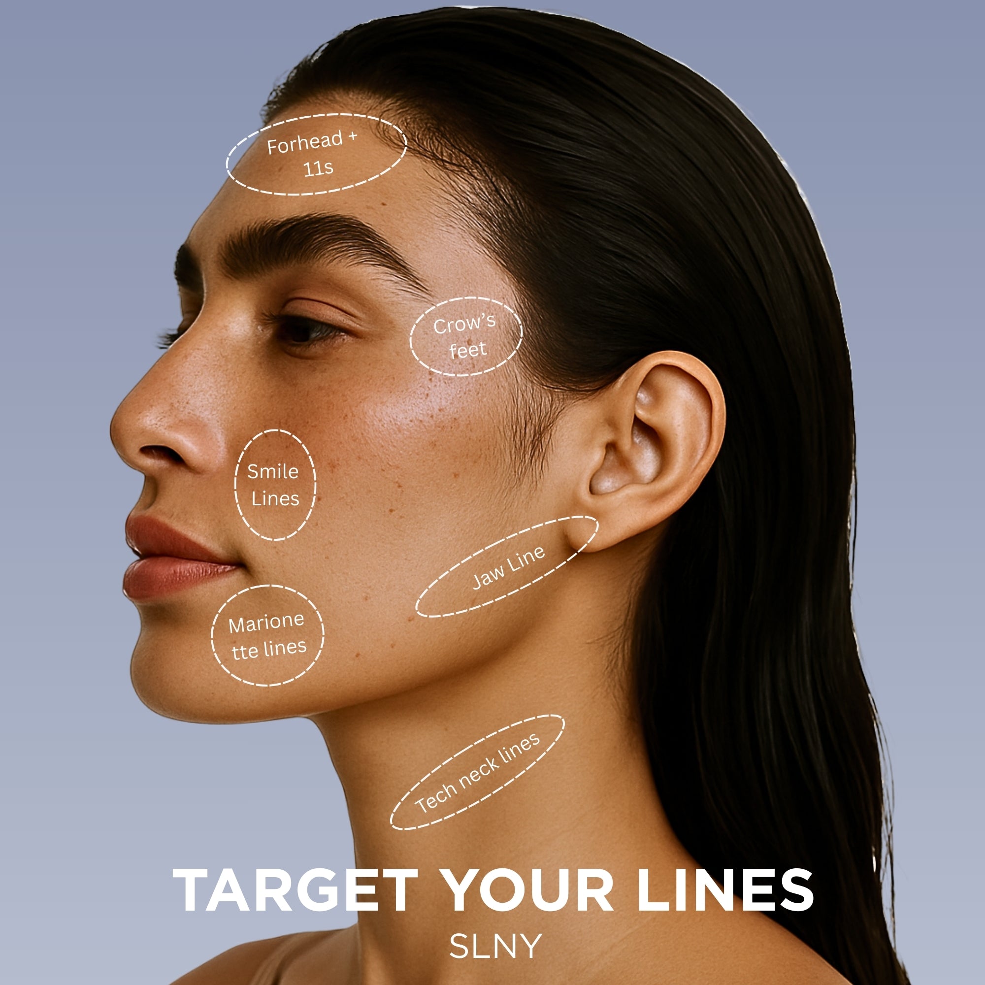 Les différentes zones pour appliquer les Face Tape de Solaris Lab NY : Front, pattes d'oie, rides d'amertume, machoire, cou.