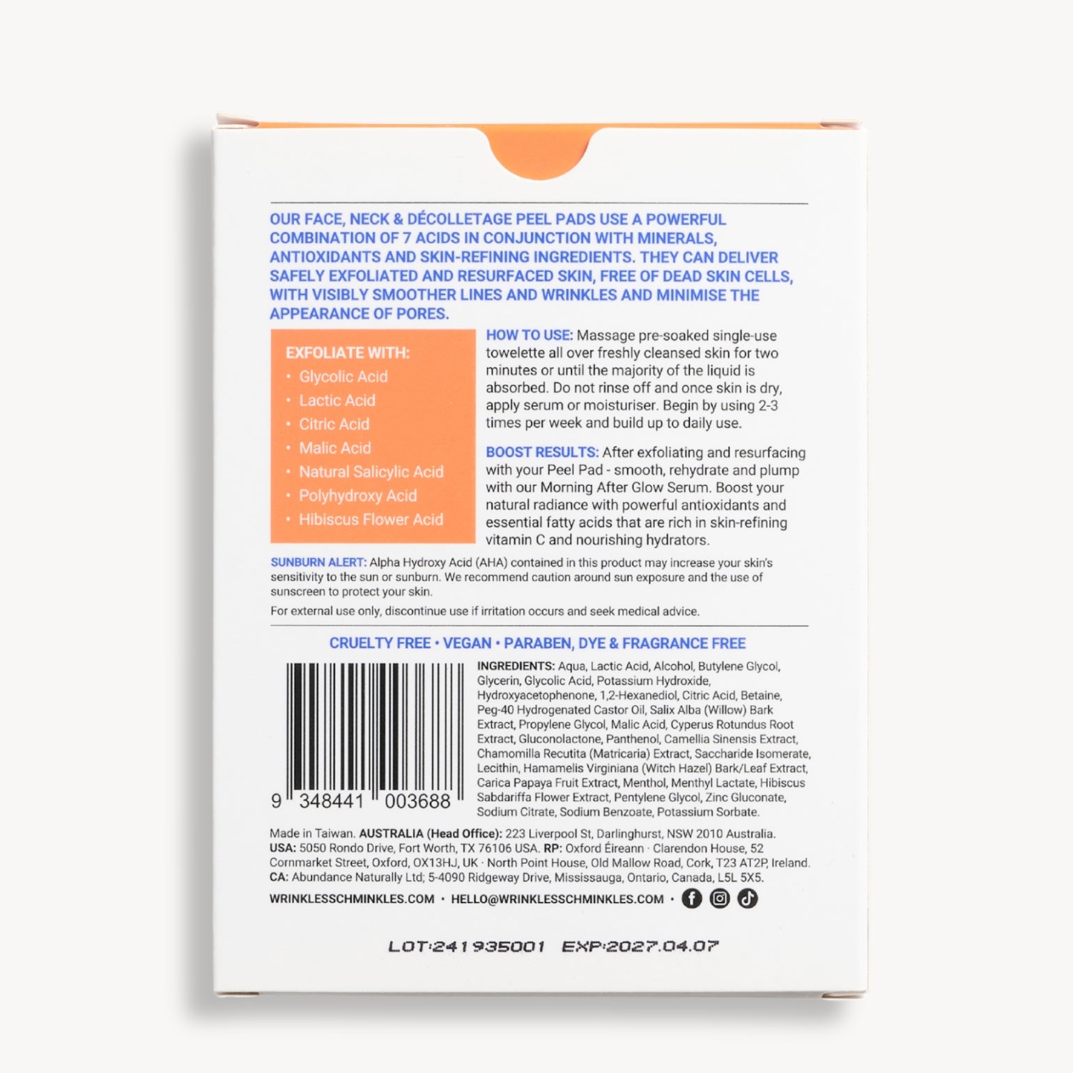 Détails de dos de la boîte de Lingettes Exfoliantes de Wrinkles Schminkles. Acide glycolique, acide lactique, acide salicylique.