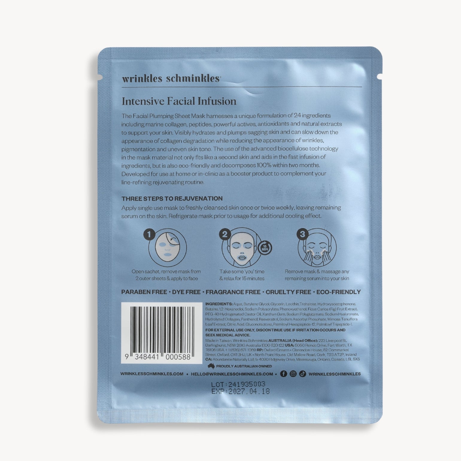 Sachet de dos avec mode d'emploi du Masque en Tissu Repulpant Pour Le Visage de Wrinkles Schminkles. Masque biodégradable ant-âge.