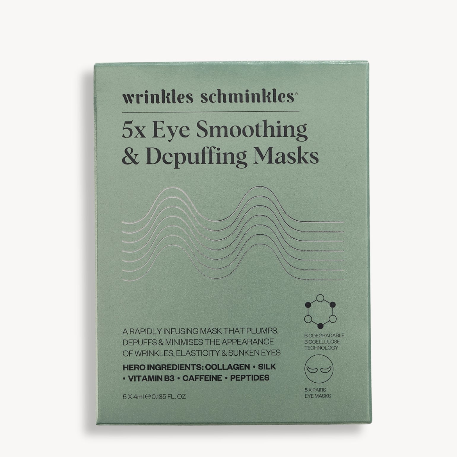 Une boîte de 5 paires de Masque Lissant Et Décongestionnant Pour Les Yeux de Wrinkles Schminkles. Collagène, Caféine, Peptides.