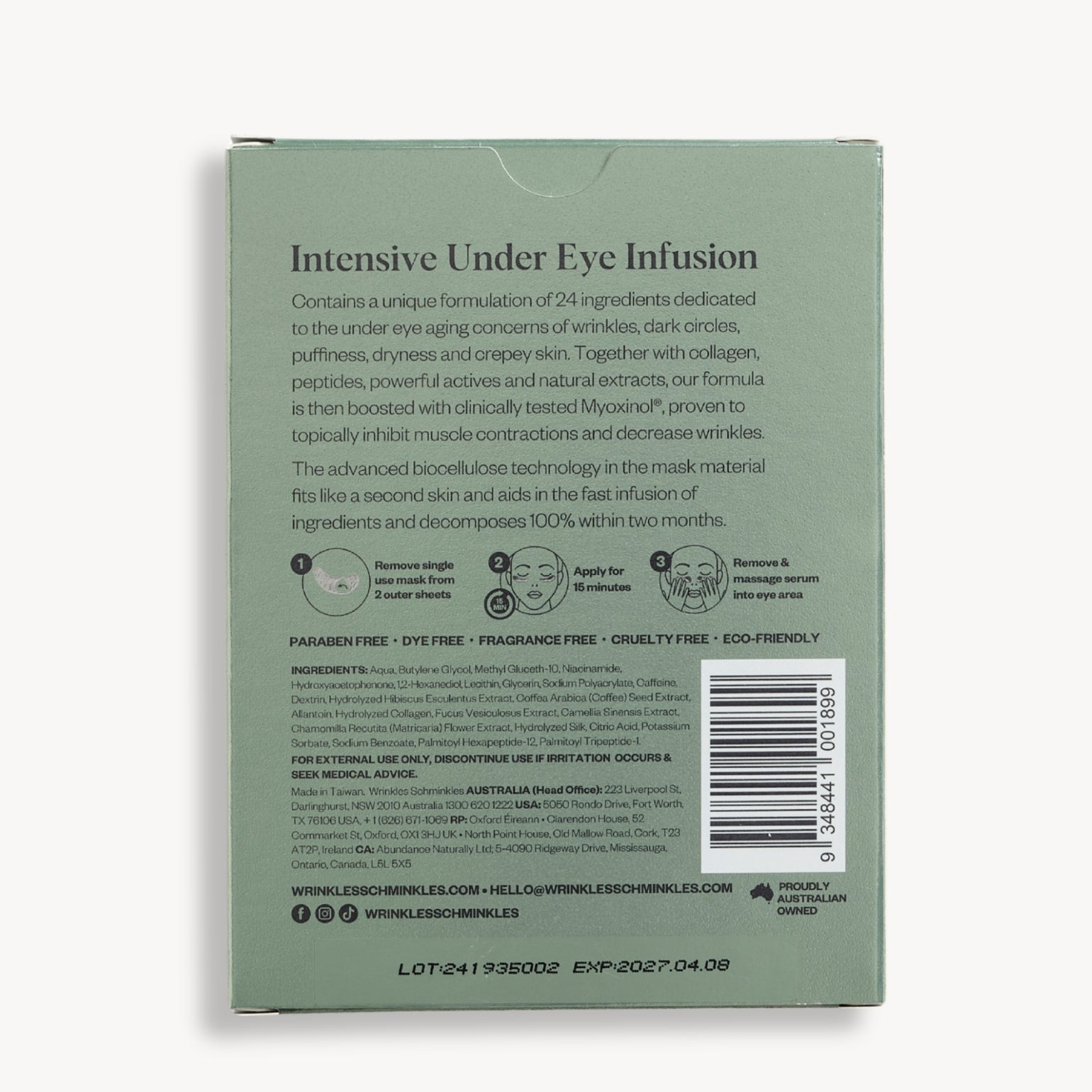 Instructions au dos du Masque Lissant Et Décongestionnant Pour Les Yeux de Wrinkles Schminkles. Réduit les cernes et les poches.