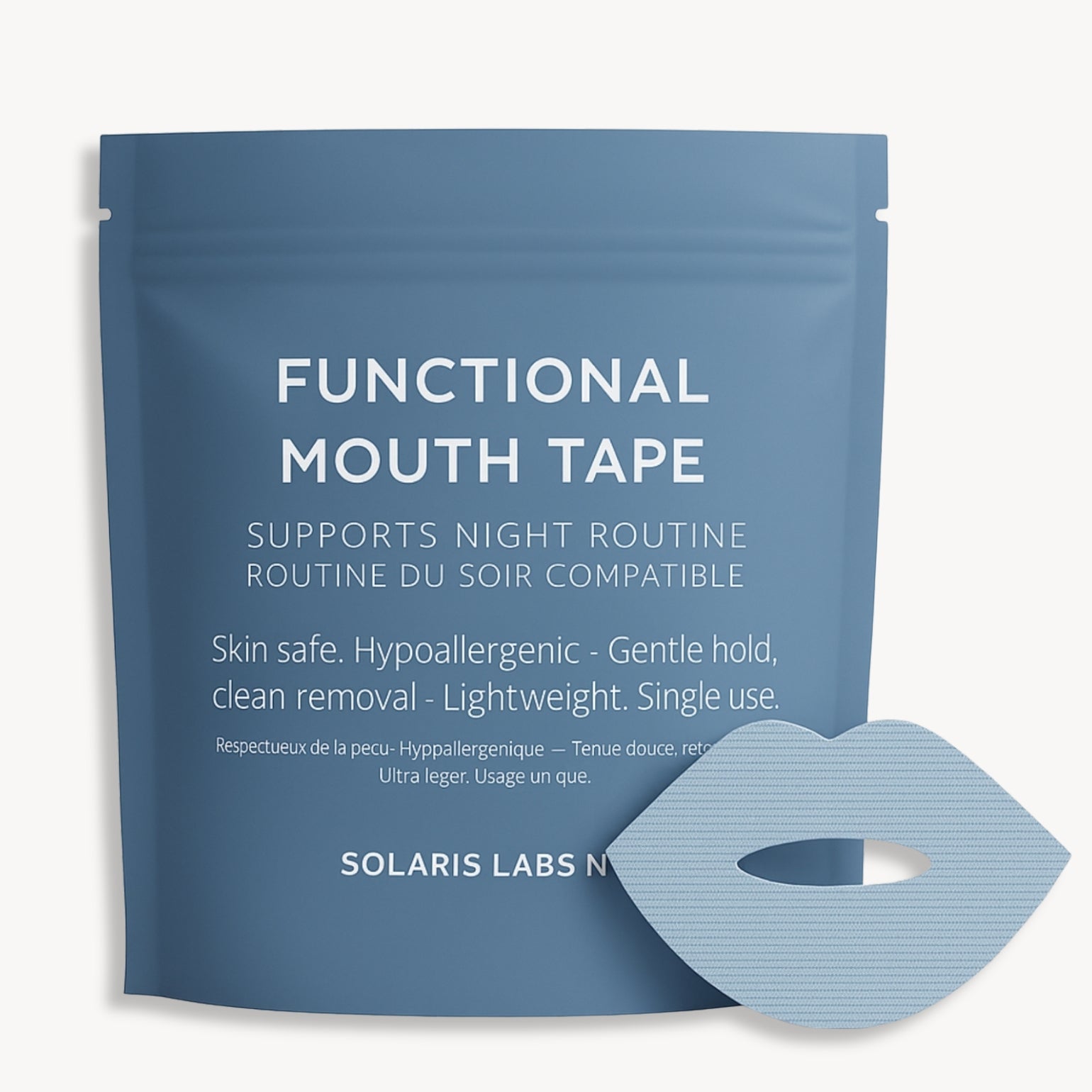 Mouth Tape Solaris Lab NY. Rubans adhésifs pour la bouche, hypoallergéniques et légers, présentés dans leur sachet bleu