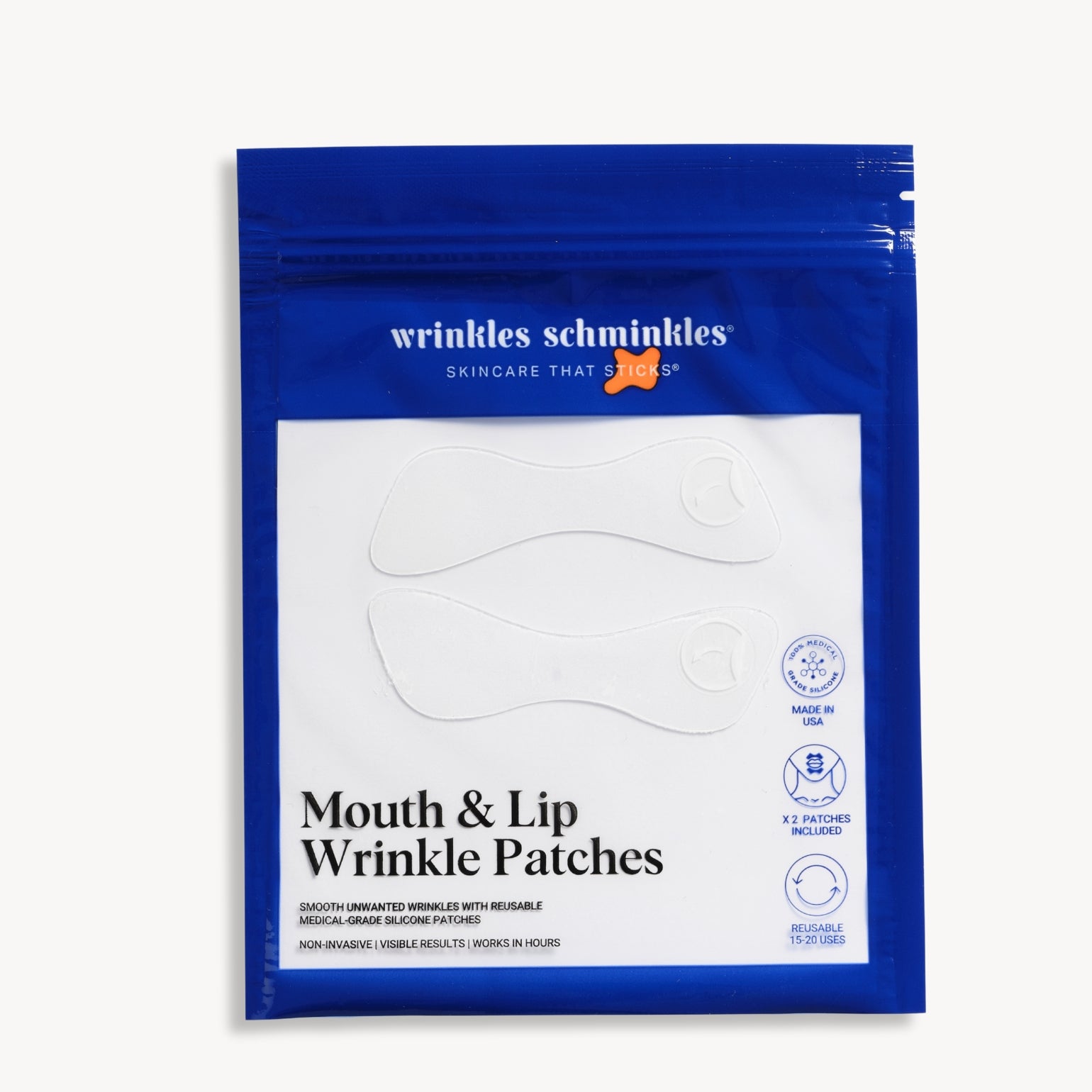 Boîte de 2 Patchs Anti-Rides pour La Bouche et les Lèvres de Wrinkles Schminkles. Patchs noctures réutilisables en silicone. 