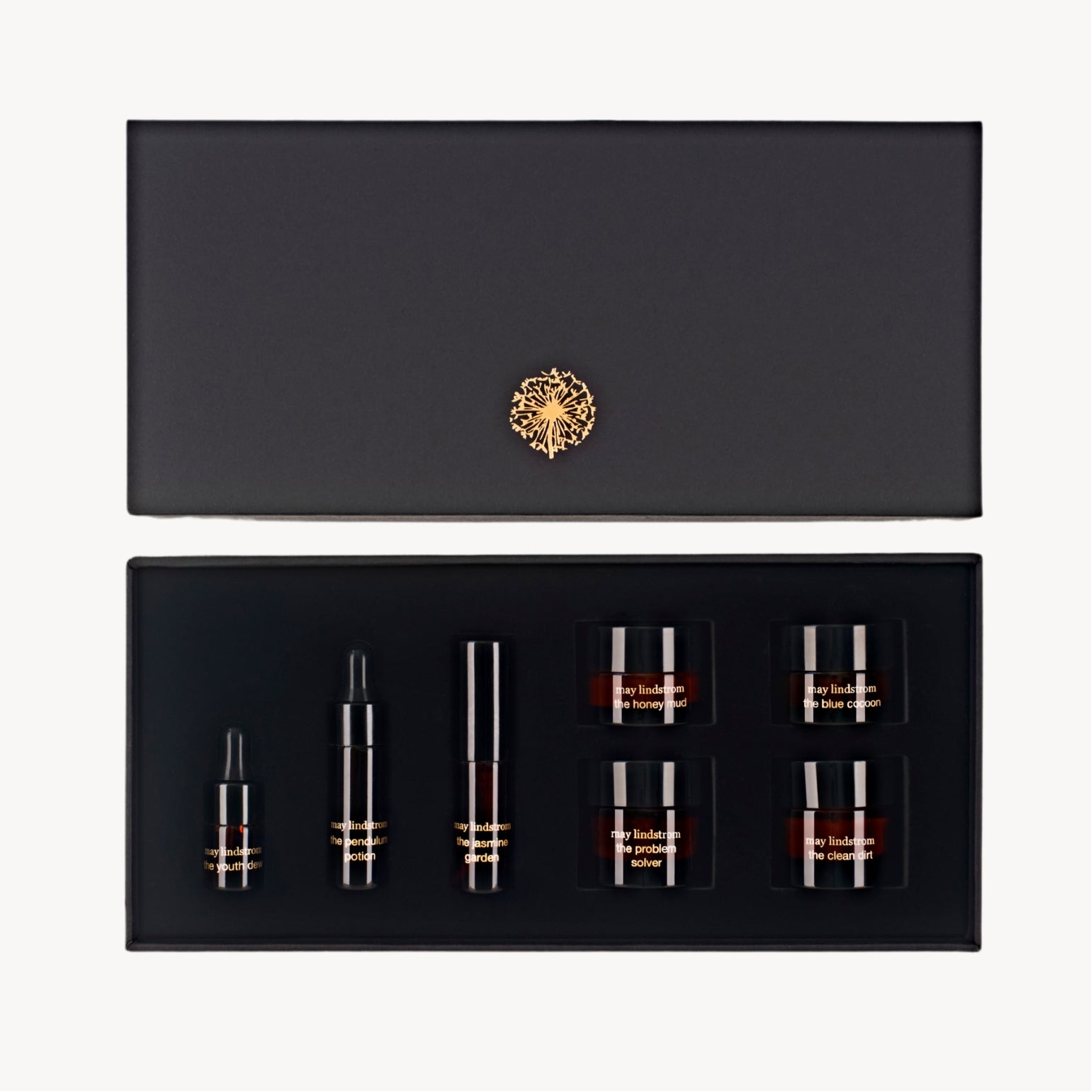 Boite noire May Lindstrom contenant 7 formats mini de la routine de la marque 