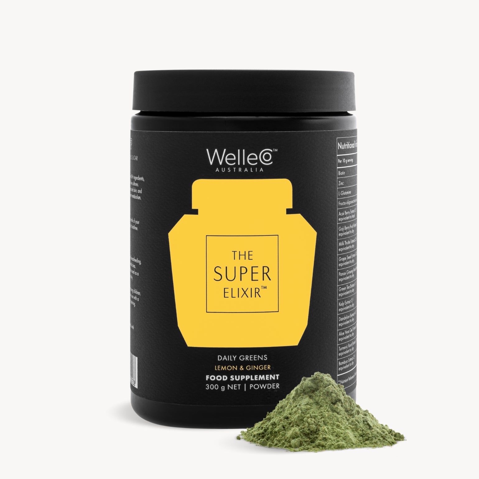 Pot Welleco The Super Elixir Daily Greens Citron & Gingembre, 300g, avec une cuillère de poudre verte à côté. Pot jaune.