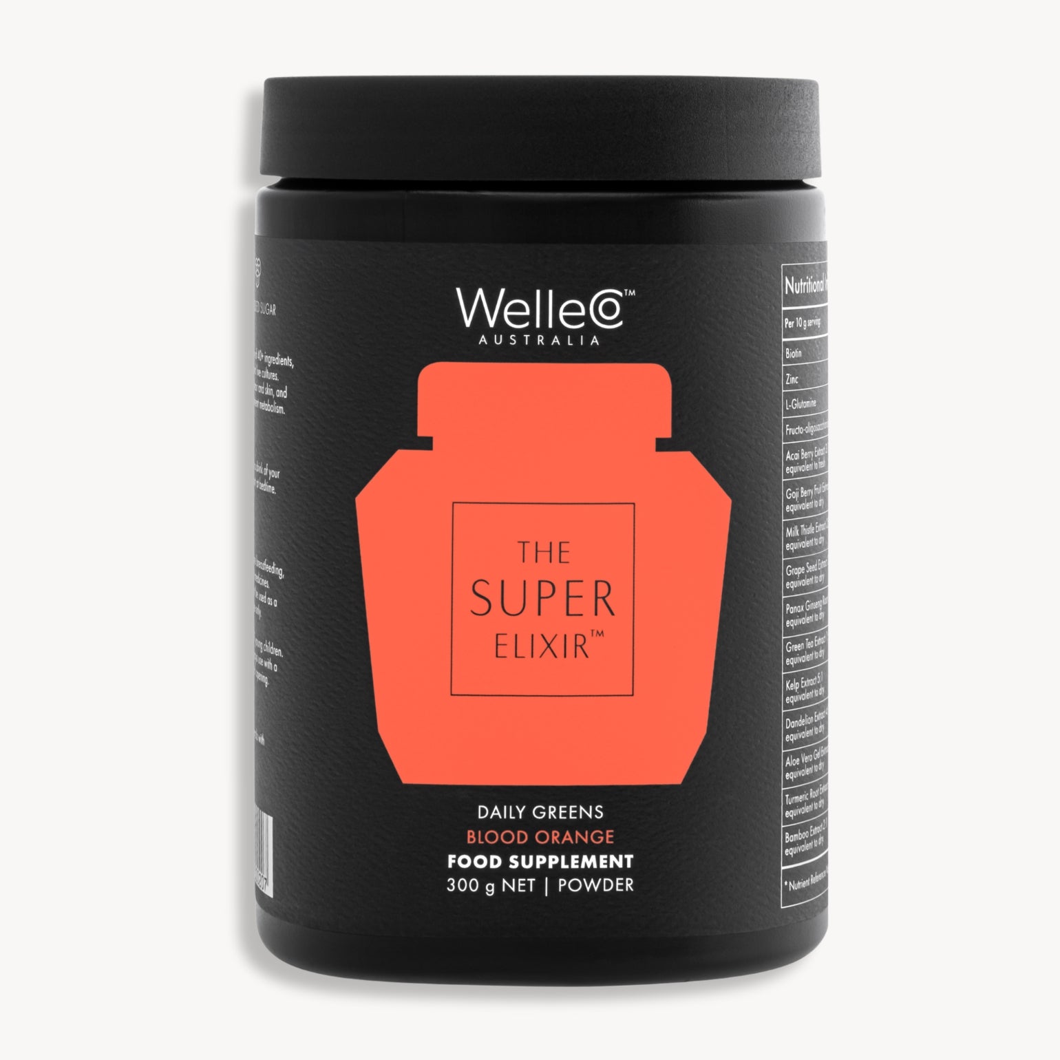 Pot Welleco The Super Elixir Daily Greens Orange Sanguine. 300g, poudre superaliments.  Pot orange.
