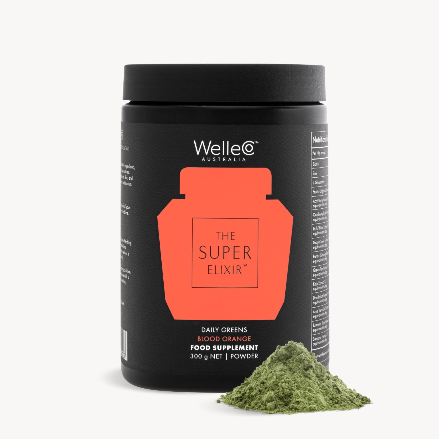 Pot Welleco The Super Elixir Daily Greens Orange Sanguine (Blood Orange), 300g. Une petite pile de poudre verte est visible à côté du pot.