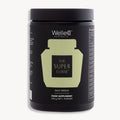 Pot Welleco The Super Elixir Daily Greens Sans Parfum (Unflavoured), 300g. Bouteille verte sur fond gris clair. Complément alimentaire.