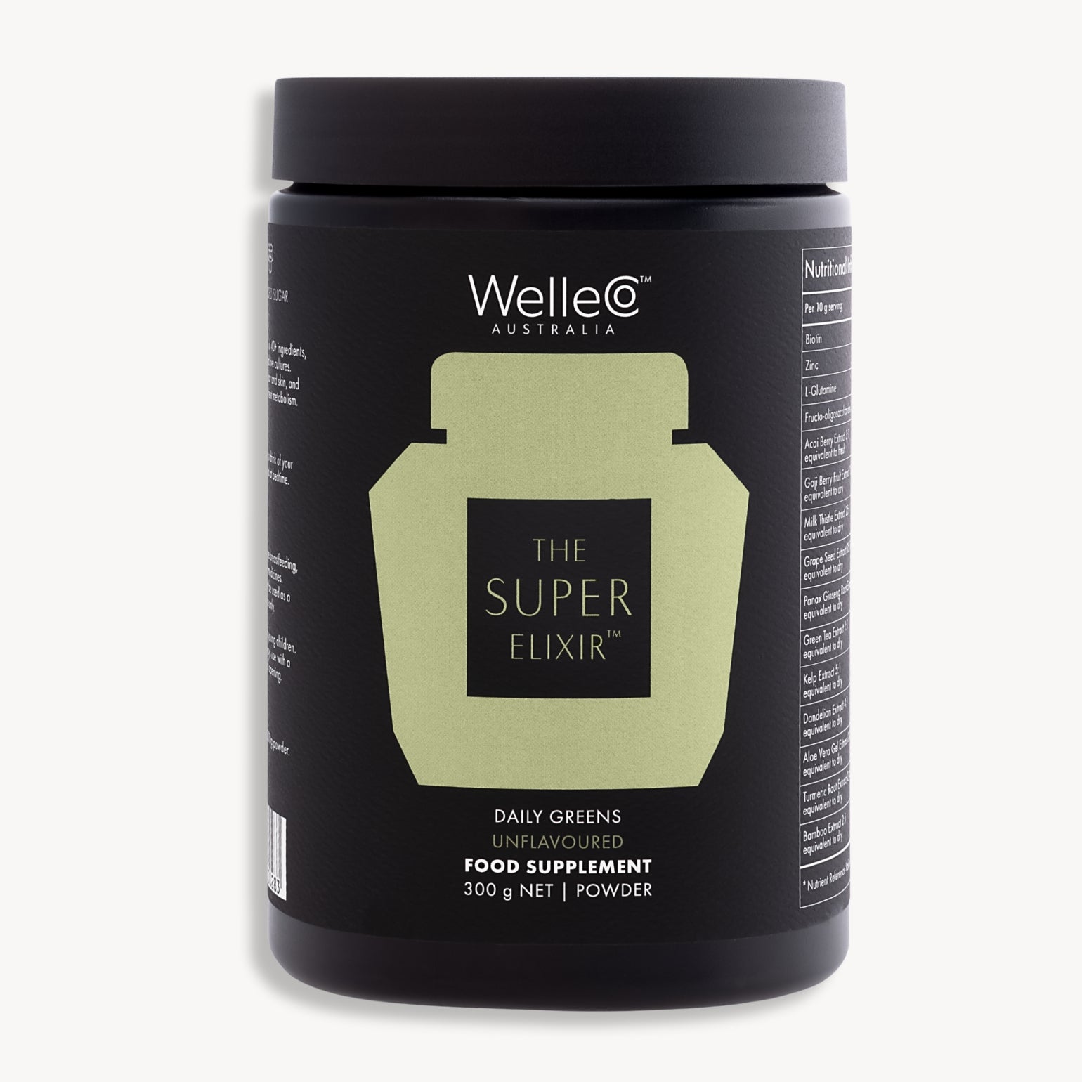 Pot Welleco The Super Elixir Daily Greens Sans Parfum (Unflavoured), 300g. Bouteille verte sur fond gris clair. Complément alimentaire.