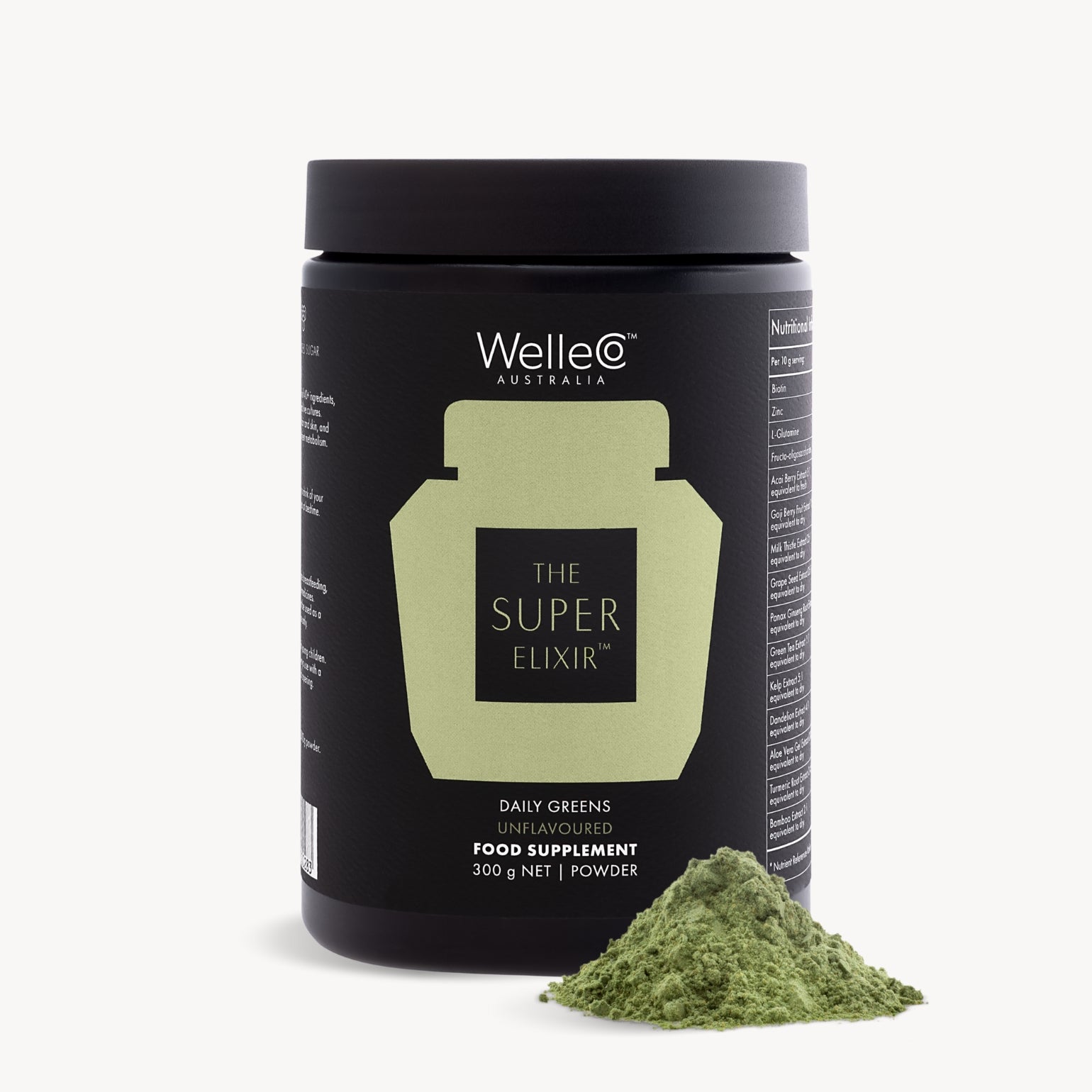 Pot Welleco The Super Elixir Daily Greens sans parfum, 300g. Poudre verte. Complément alimentaire Daily Greens.